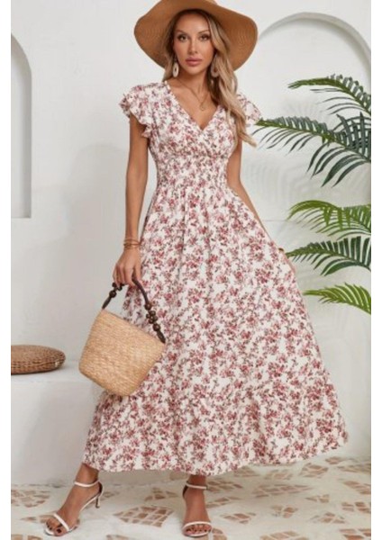 Kruvaze Yaka Beli Lastikli Çiçek Desenli Elbise - Ekru