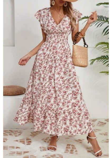 Kruvaze Yaka Beli Lastikli Çiçek Desenli Elbise - Ekru fiyatları