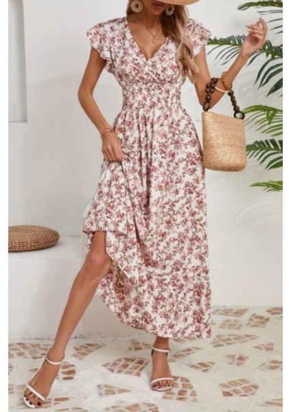 Kruvaze Yaka Beli Lastikli Çiçek Desenli Elbise - Ekru modelleri