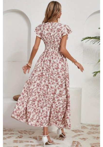 Kruvaze Yaka Beli Lastikli Çiçek Desenli Elbise - Ekru fırsatları