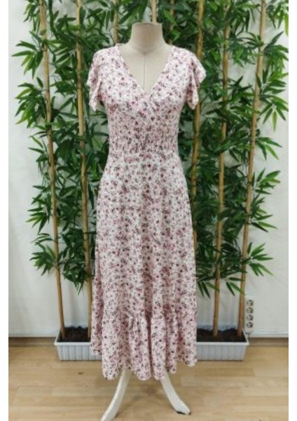 Kruvaze Yaka Beli Lastikli Çiçek Desenli Elbise - Ekru indirimleri