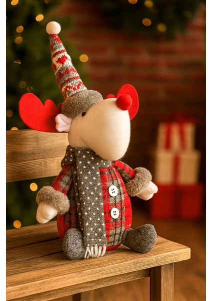 Renkli 35 cm Ekoseli Oturan Geyik Figür, Dekoratif Yılbaşı Peluş Süsleme
