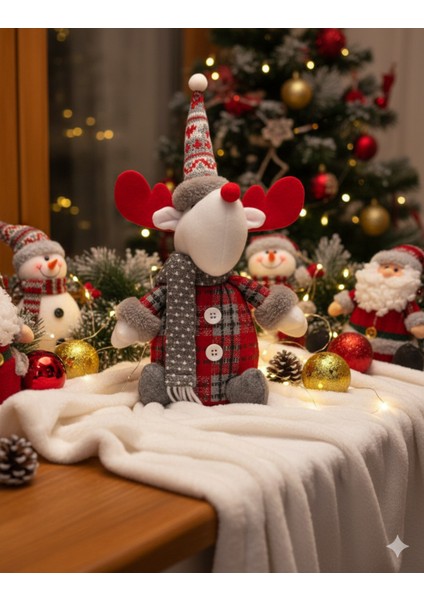 Renkli 35 cm Ekoseli Oturan Geyik Figür, Dekoratif Yılbaşı Peluş Süsleme fiyatları