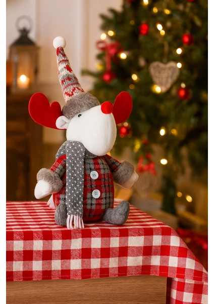 Renkli 35 cm Ekoseli Oturan Geyik Figür, Dekoratif Yılbaşı Peluş Süsleme