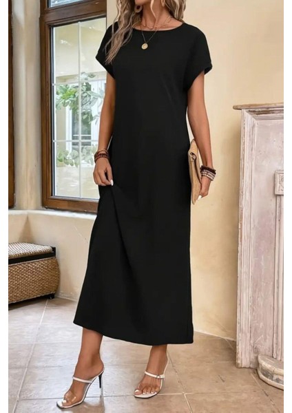 Kısa Kollu Viskon Basic Elbise Siyah