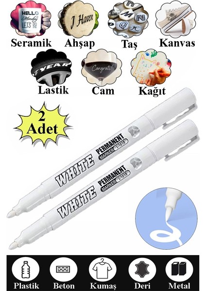 Beyaz Keçeli Kalem 2 Adet Kalıcı Marker Kalem Yağ Bazlı Cam Metal Seramik Ahşap Lastik Plastik Taş Yüzey