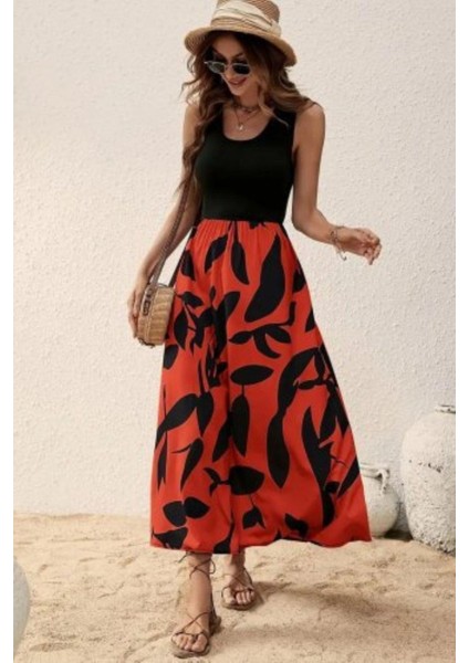 Kolsuz Desenli Uzun Süprem Elbise - Kırmızı