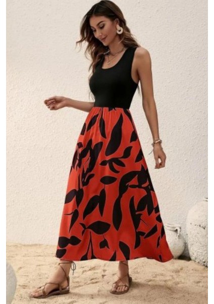 Kolsuz Desenli Uzun Süprem Elbise - Kırmızı fiyatları