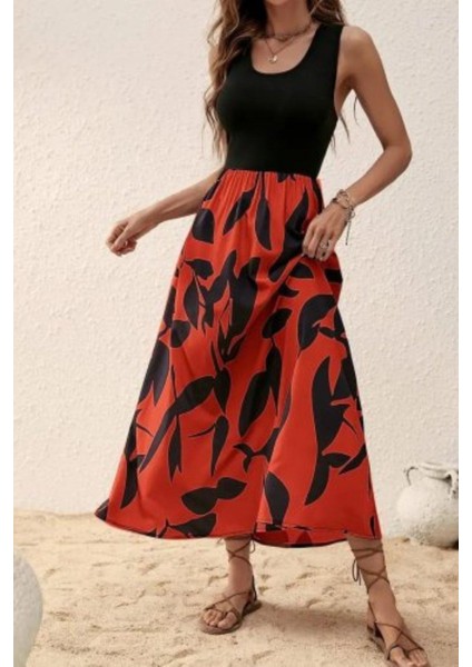 Kolsuz Desenli Uzun Süprem Elbise - Kırmızı modelleri