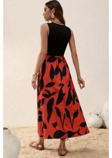Kolsuz Desenli Uzun Süprem Elbise - Kırmızı fırsatları