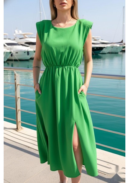 Moni Sıfır Kol Vatkalı Bel Lastikli Midi Boy Elbise Yeşil modelleri