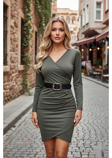 Kruvaze Yaka Önden Pileli Mini Sandy Elbise Haki