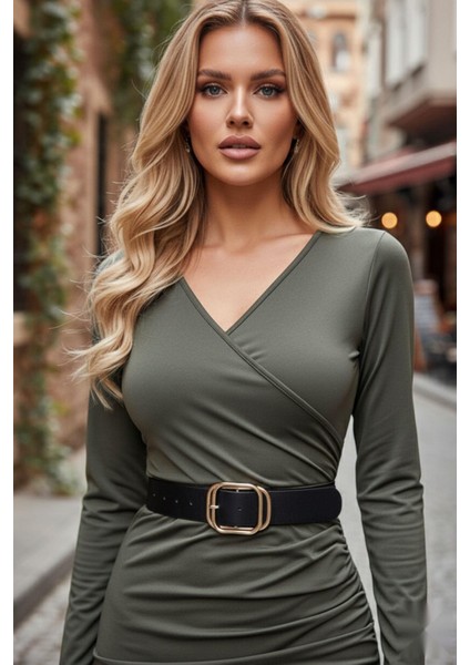 Kruvaze Yaka Önden Pileli Mini Sandy Elbise Haki modelleri