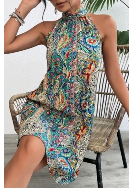 Halter Yaka Mini Süprem Elbise - Desenli