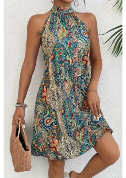 Halter Yaka Mini Süprem Elbise - Desenli fiyatları