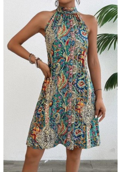 Halter Yaka Mini Süprem Elbise - Desenli modelleri