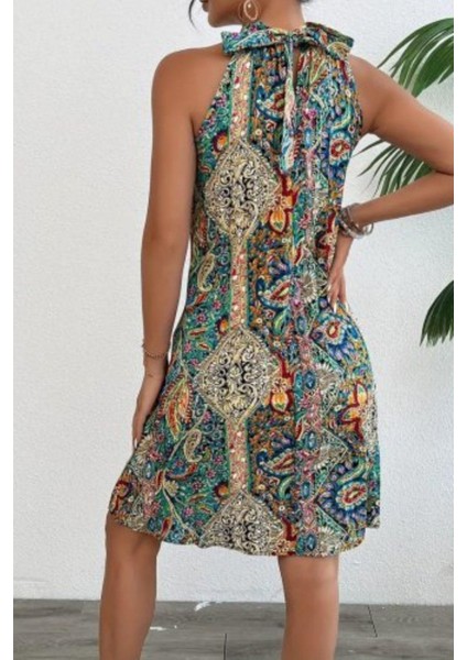 Halter Yaka Mini Süprem Elbise - Desenli fırsatları