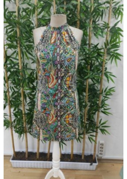 Halter Yaka Mini Süprem Elbise - Desenli indirimleri