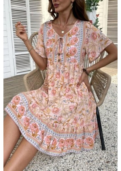 Düğmeli Bağlama Detaylı Desenli Süprem Elbise - Pembe