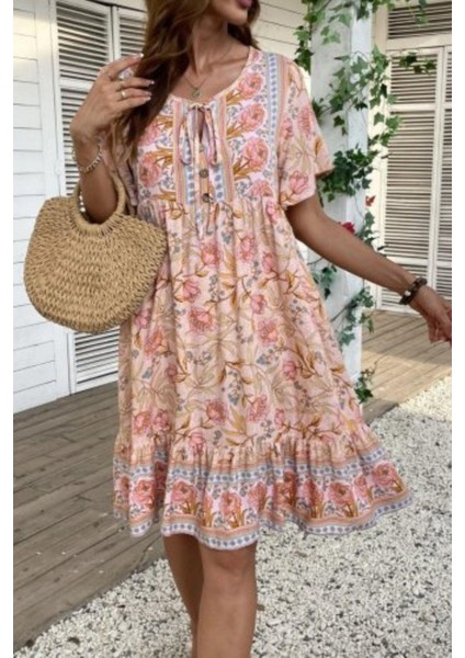 Düğmeli Bağlama Detaylı Desenli Süprem Elbise - Pembe fiyatları