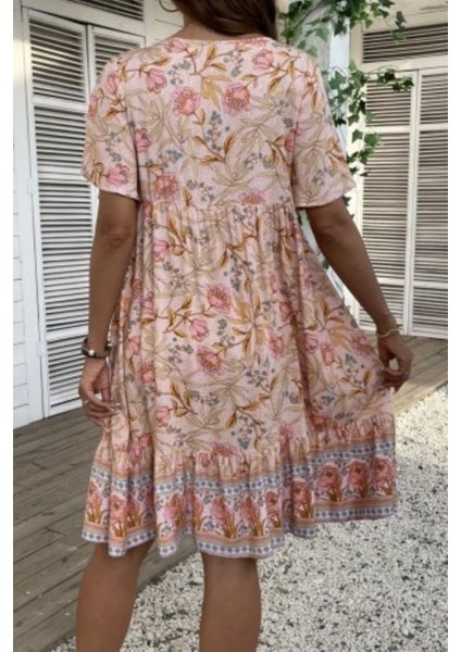 Düğmeli Bağlama Detaylı Desenli Süprem Elbise - Pembe modelleri