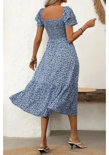 Kare Yaka Kısa Kollu Beli Büzgülü Süprem Elbise - Mavi modelleri