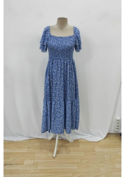 Kare Yaka Kısa Kollu Beli Büzgülü Süprem Elbise - Mavi fırsatları