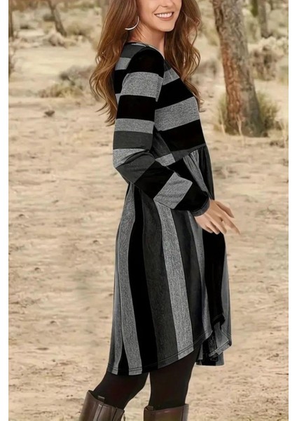 Bisiklet Yaka Çizgi Desenli Süprem Elbise - Siyah modelleri