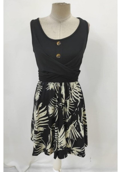 Kolsuz Düğme Detaylı Desenli Elbise - Siyah modelleri