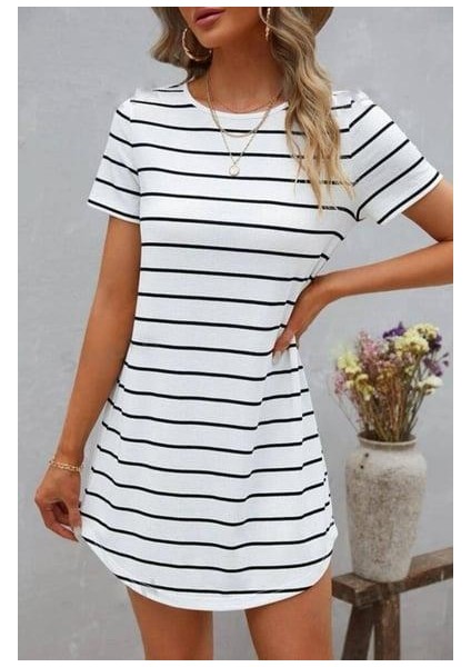 Düğme Detaylı Bisiklet Yaka Çizgili Kaşkorse Elbise Beyaz