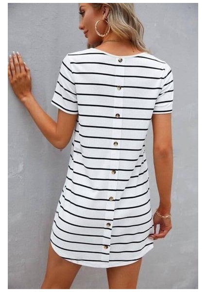 Düğme Detaylı Bisiklet Yaka Çizgili Kaşkorse Elbise Beyaz fiyatları