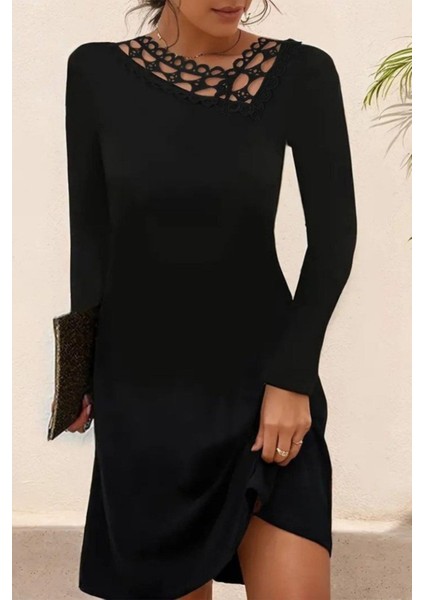 Dantel Detaylı Ithal Krep Mini Elbise - Siyah