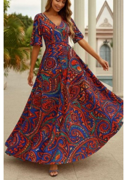 V Yaka Etnik Desenli Kısa Kollu Uzun Elbise - Desenli