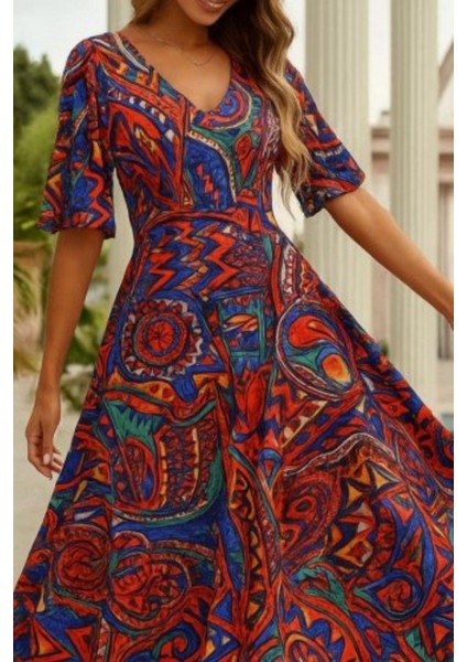 V Yaka Etnik Desenli Kısa Kollu Uzun Elbise - Desenli fiyatları