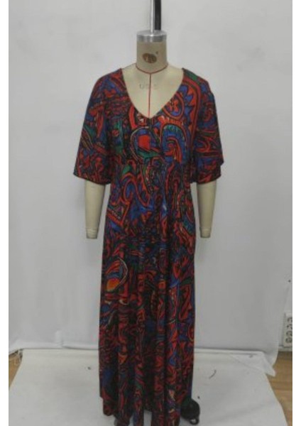 V Yaka Etnik Desenli Kısa Kollu Uzun Elbise - Desenli modelleri