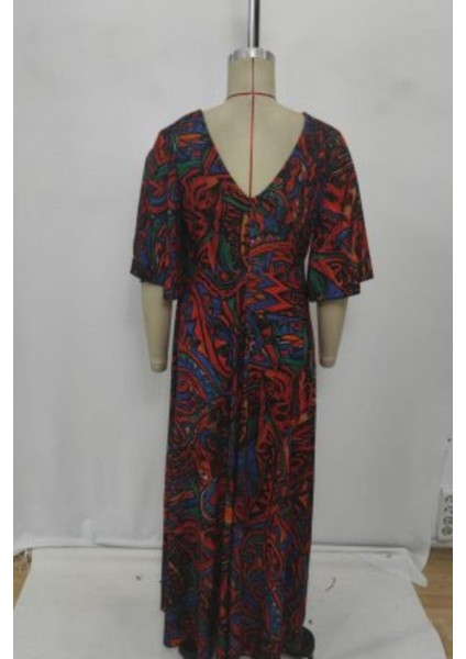 V Yaka Etnik Desenli Kısa Kollu Uzun Elbise - Desenli fırsatları