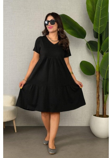 V Yaka Kısa Kollu Viskon Elbise - Siyah