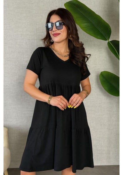 V Yaka Kısa Kollu Viskon Elbise - Siyah fiyatları