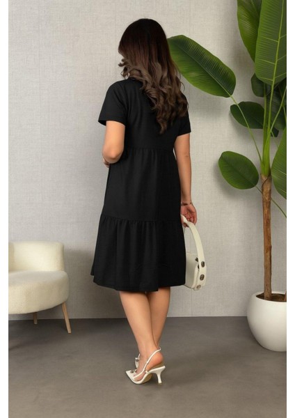 V Yaka Kısa Kollu Viskon Elbise - Siyah modelleri