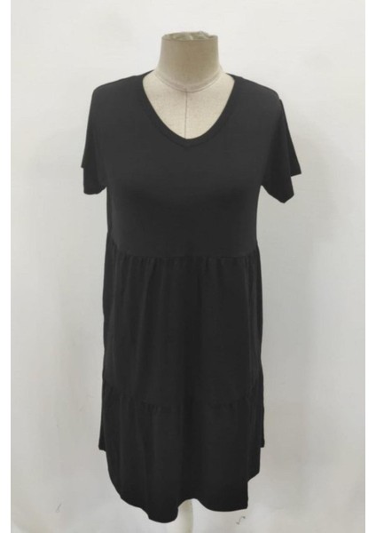 V Yaka Kısa Kollu Viskon Elbise - Siyah fırsatları