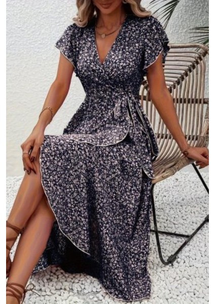 Fırfır Detaylı Kruvaze Yaka Desenli Süprem Elbise - Siyah