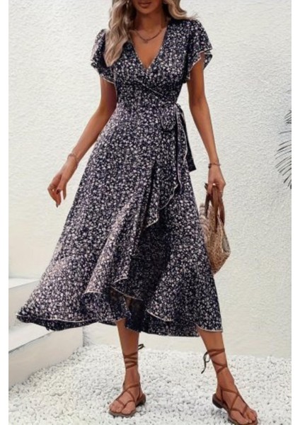 Fırfır Detaylı Kruvaze Yaka Desenli Süprem Elbise - Siyah fiyatları