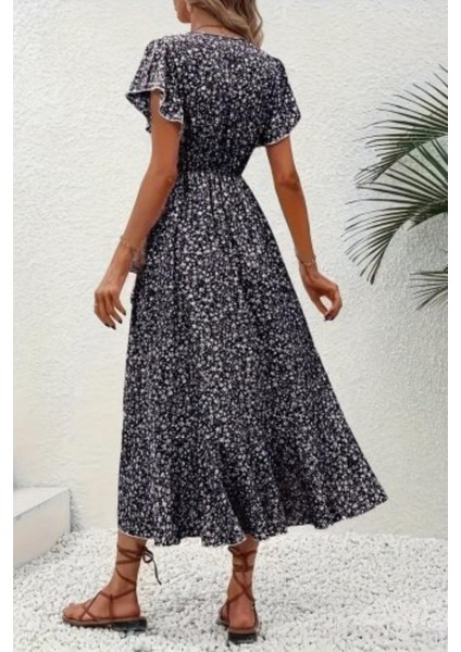 Fırfır Detaylı Kruvaze Yaka Desenli Süprem Elbise - Siyah modelleri