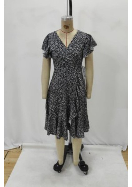 Fırfır Detaylı Kruvaze Yaka Desenli Süprem Elbise - Siyah fırsatları