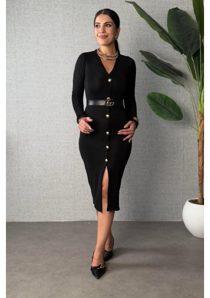V Yaka Düğmeli Yırtmaçlı Modal Elbise - Siyah