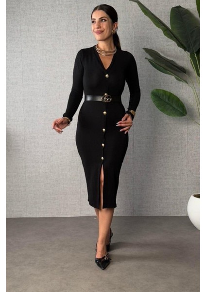 V Yaka Düğmeli Yırtmaçlı Modal Elbise - Siyah fiyatları
