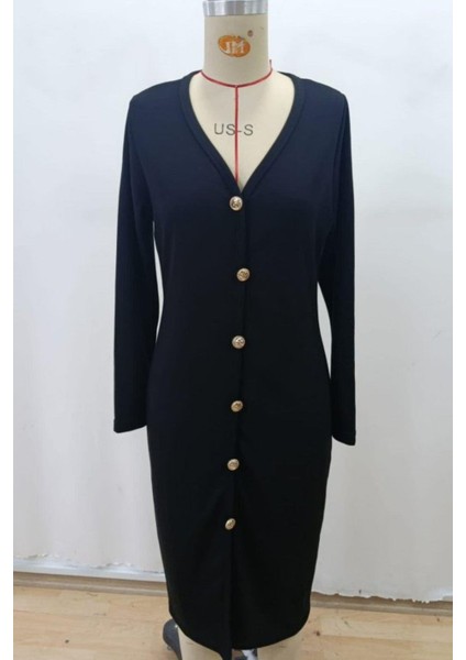 V Yaka Düğmeli Yırtmaçlı Modal Elbise - Siyah modelleri