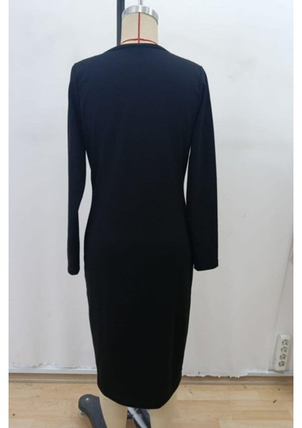 V Yaka Düğmeli Yırtmaçlı Modal Elbise - Siyah fırsatları