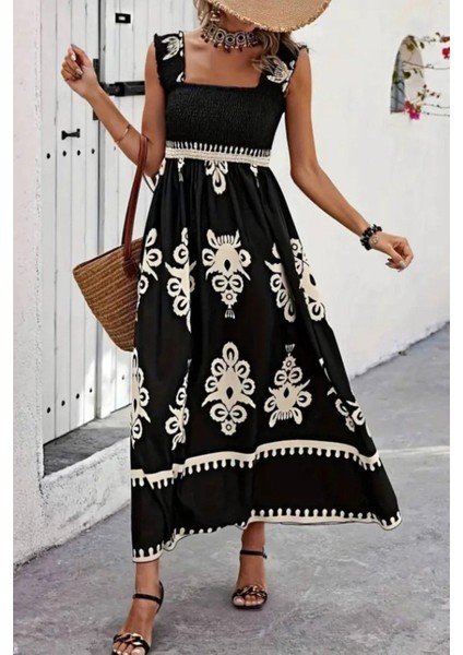 Kare Yaka Gipe Detaylı Uzun Süprem Elbise - Siyah