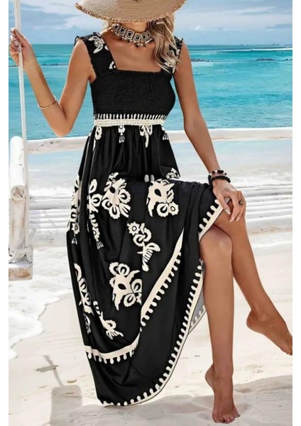 Kare Yaka Gipe Detaylı Uzun Süprem Elbise - Siyah modelleri